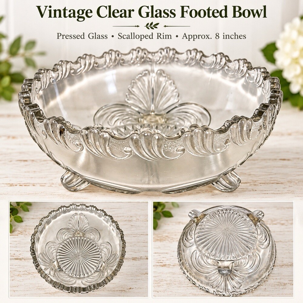 Vintage Clear Pressed Glass Footed Bowl Floral Scroll Scalloped Rim 8”
